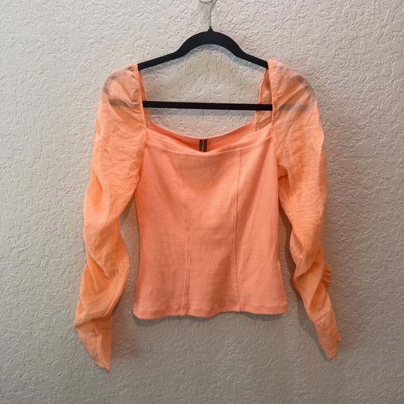 Anthropologie Tops - Anthropologie Ribbed Puff Sleeve‎ Top Size S Peach Romantic Cottagecore Boho